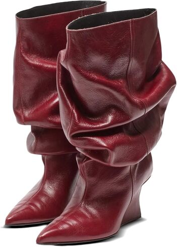 Slouch Mid Calf Wedge Heel Boots for Women – Pull On Wide Calf Boot Pointed Toe Dress Boots Slouchy Fall Winter Fashion Shoes in Kuwait