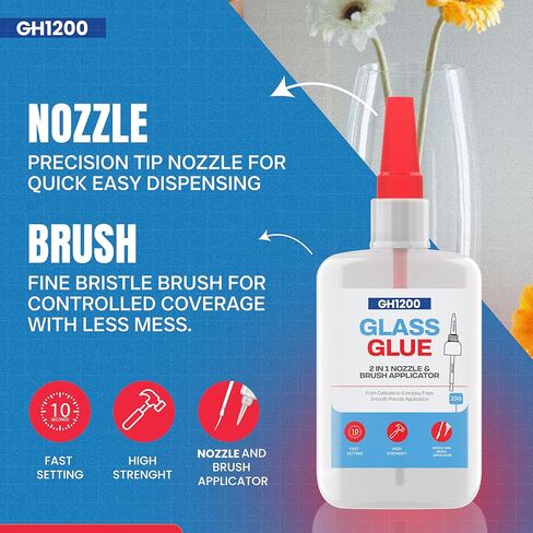 GH1200 (2-in-1) Super Glue for Glass, Controlled Application with Fine Brush & Nozzle, Fast Setting Formula, Stain & Spot Free Glass Glue Clear Repair Heavy Duty, Waterproof and Heat Tolerant in Kuwait