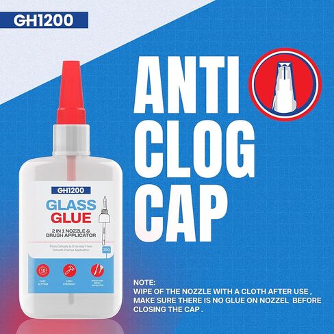 GH1200 (2-in-1) Super Glue for Glass, Controlled Application with Fine Brush & Nozzle, Fast Setting Formula, Stain & Spot Free Glass Glue Clear Repair Heavy Duty, Waterproof and Heat Tolerant in Kuwait