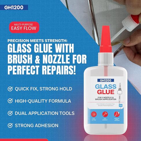 GH1200 (2-in-1) Super Glue for Glass, Controlled Application with Fine Brush & Nozzle, Fast Setting Formula, Stain & Spot Free Glass Glue Clear Repair Heavy Duty, Waterproof and Heat Tolerant in Kuwait