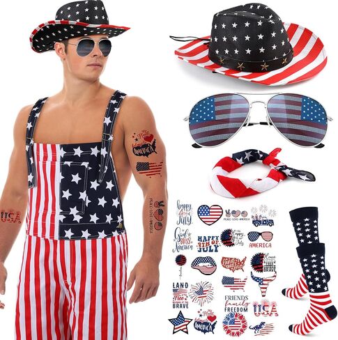 Mepase 15 Pcs American Flag Overalls Sets for Men Women Overalls Shorts Denim Bibs Strap Cowboy Hats Sunglasses Socks Tattoos in Saudi Arabia