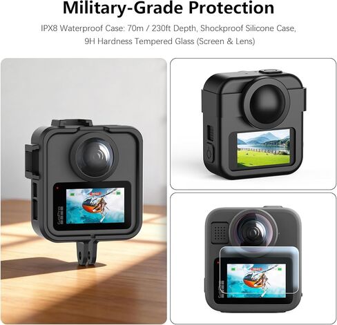 مجموعة ملحقات 60 في 1 متوافقة مع كاميرا GoPro Max 2 مع حافظة مقاومة للماء بطول 70 مترًا، وواقي شاشة من الزجاج المقسى، ومقبض بوبر عائم، وحقيبة حمل كبيرة، تثبت على الصدر/الرأس/المقود (بحد أقصى 2) in Kuwait