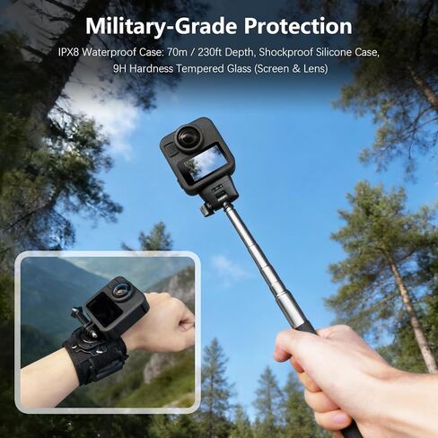 مجموعة ملحقات 60 في 1 متوافقة مع كاميرا GoPro Max 2 مع حافظة مقاومة للماء بطول 70 مترًا، وواقي شاشة من الزجاج المقسى، ومقبض بوبر عائم، وحقيبة حمل كبيرة، تثبت على الصدر/الرأس/المقود (بحد أقصى 2) in Kuwait