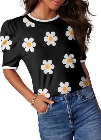 Dokotoo Women's Short Puff Sleeve Knit Tops 2024 Trendy Crewneck Striped T Shirts Casual Summer Blouses in Saudi Arabia