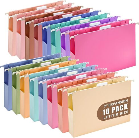 16 حزمة من مجلدات الملفات البلاستيكية المعلقة ذات السعة الإضافية، حجم الحروف، مجلد تعليق مقوى بتوسيع 2 بوصة مع علامات تبويب 1/5 قطع، مجلدات خزانة الملفات للمكتب والمنزل (متعدد الألوان) in Kuwait