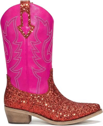 Women Mid Calf Western Cowboy Boots with Glitter Leather, Pink Sparkly Cowgirl Boots with Embroidered Design, Square Toe and Low Heel Classic Western Style in Saudi Arabia