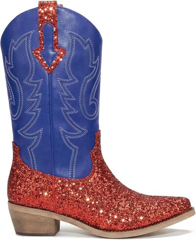 Women Mid Calf Western Cowboy Boots with Glitter Leather, Pink Sparkly Cowgirl Boots with Embroidered Design, Square Toe and Low Heel Classic Western Style in Saudi Arabia