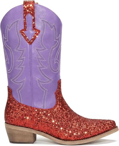Women Mid Calf Western Cowboy Boots with Glitter Leather, Pink Sparkly Cowgirl Boots with Embroidered Design, Square Toe and Low Heel Classic Western Style in Saudi Arabia