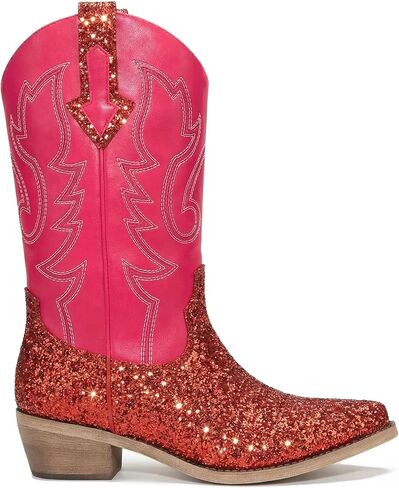 Women Mid Calf Western Cowboy Boots with Glitter Leather, Pink Sparkly Cowgirl Boots with Embroidered Design, Square Toe and Low Heel Classic Western Style in Saudi Arabia