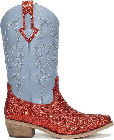 Women Mid Calf Western Cowboy Boots with Glitter Leather, Pink Sparkly Cowgirl Boots with Embroidered Design, Square Toe and Low Heel Classic Western Style in Saudi Arabia