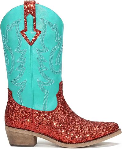 Women Mid Calf Western Cowboy Boots with Glitter Leather, Pink Sparkly Cowgirl Boots with Embroidered Design, Square Toe and Low Heel Classic Western Style in Saudi Arabia