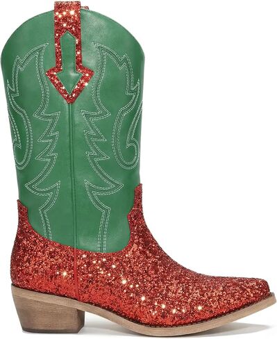 Women Mid Calf Western Cowboy Boots with Glitter Leather, Pink Sparkly Cowgirl Boots with Embroidered Design, Square Toe and Low Heel Classic Western Style in Saudi Arabia