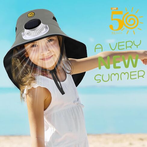 Solar Fan Hat for Kids Smile Face Bucket Hat with Neck Flap Wide Brim Sun Hat for Boys and Girls in Saudi Arabia