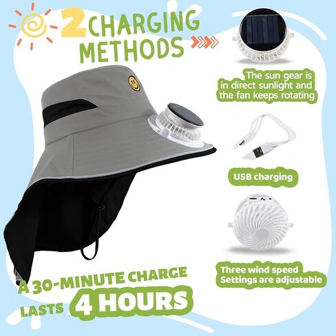 Solar Fan Hat for Kids Smile Face Bucket Hat with Neck Flap Wide Brim Sun Hat for Boys and Girls in Saudi Arabia