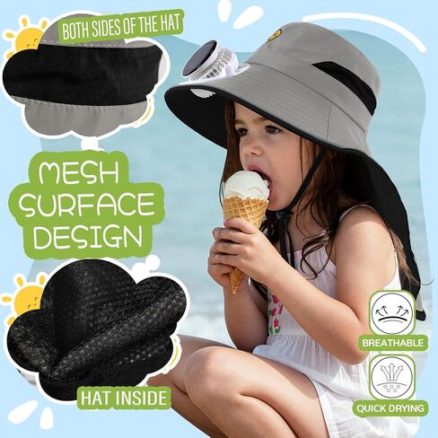 Solar Fan Hat for Kids Smile Face Bucket Hat with Neck Flap Wide Brim Sun Hat for Boys and Girls in Saudi Arabia