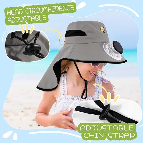Solar Fan Hat for Kids Smile Face Bucket Hat with Neck Flap Wide Brim Sun Hat for Boys and Girls in Saudi Arabia