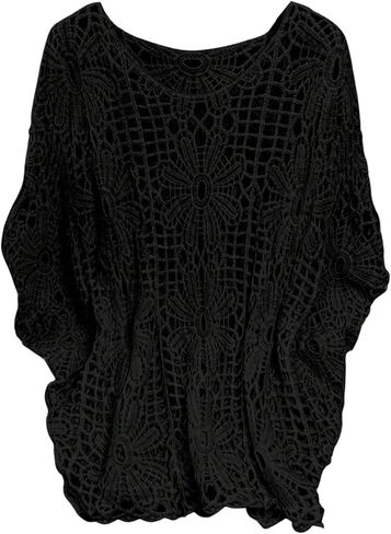MakeMeChic Women's Plus Size Boho Tops Crochet Sweater Dolman Sleeve Beach Cover Up in Kuwait