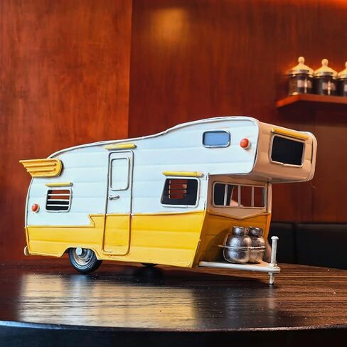 عربة تخييم كلاسيكية RV موديل عربة الشاطئ باللونين الأبيض والأصفر، نموذج سيارة سياحية ستيشن واجن ديكور منزلي هدية للأطفال والكبار in Saudi Arabia
