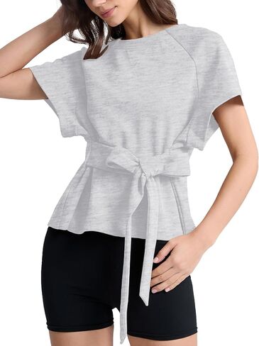 تي شيرت حريمي بأكمام قصيرة من SCOFEEL تي شيرت علوي غير رسمي ملفوف تي شيرت صيفي برقبة دائرية وأكتاف منسدلة in Kuwait