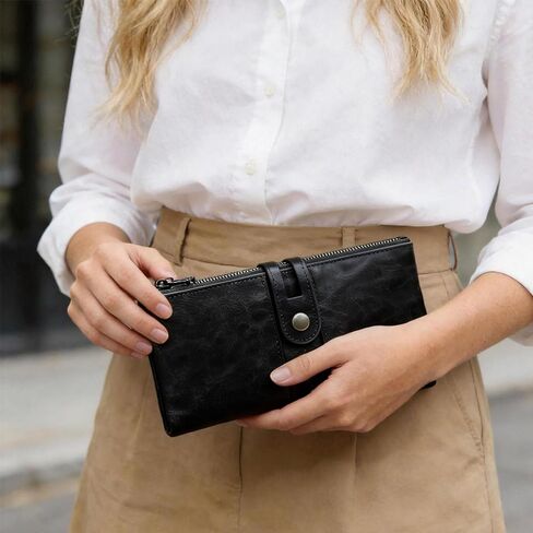 Women's Anti-Magnetic Long Wallet - Retro Waxed Full PU Leather, Multi-Structure Clutch Purse, Brown in Saudi Arabia