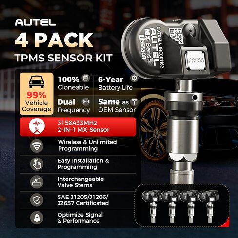 Autel MX-Sensor 2 in 1(315Mhz+433 Mhz) Sensor Programmable TPMS Sensor -OE Level Tire Pressure Monitoring System (Press-in)(Metal Valves,Pack of 4 Sensor) in Saudi Arabia