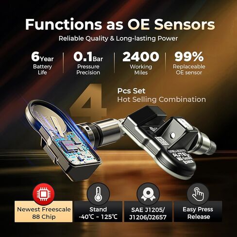 Autel MX-Sensor 2 in 1(315Mhz+433 Mhz) Sensor Programmable TPMS Sensor -OE Level Tire Pressure Monitoring System (Press-in)(Metal Valves,Pack of 4 Sensor) in Saudi Arabia