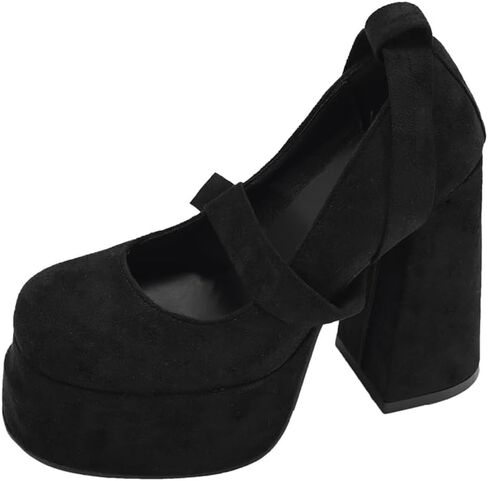 Women's Retro French Suede Mary Jane Platform Pumps, Chunky High Heel Big Bow Shoes with Buckle Strap for Party Wedding All Season in Saudi Arabia