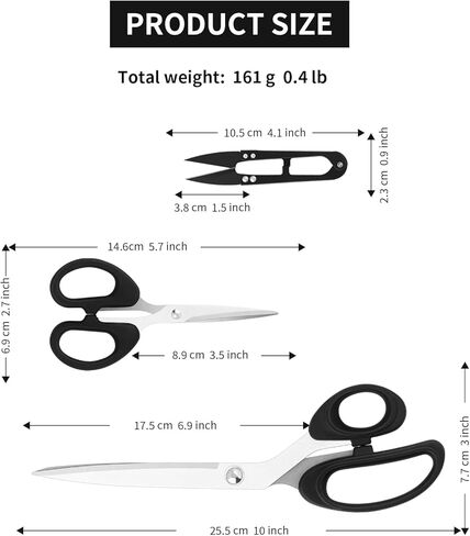 10-Inch All-Purpose Fabric Scissors with Sharp Stainless Steel Blades and Soft-Grip Handles, Includes Dressmaking Sewing Scissor, Craft and Thread Trimming Scissors,3-Piece Set, Black in Saudi Arabia