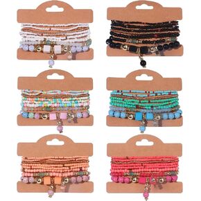 6 Sets Bohemian Bracelet Sets for Women | Beaded Bracelets for Women | Stackable Stretch Boho Bracelets for Women | Multi-color Bracelets Dainty Jewelry Gifts in Kuwait