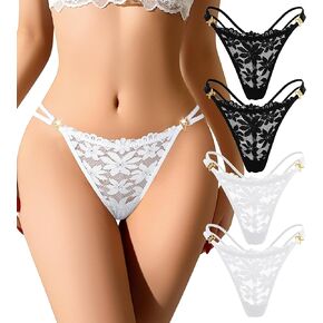 G-String Thongs for Women Sexy Thongs Lace T Back Tangas Underwear Hollow Out Low Rise No Show Panties 4 Pack in Saudi Arabia