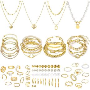 NEWITIN 88 Pieces Gold Jewelry Set for Women Fashion Costume Jewelry Gold Plated Necklace Bracelet Ring Ear Cuff Earrings Set for Women in Kuwait
