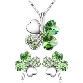 طقم قلادة على شكل قلب محظوظ مكون من أربع أوراق البرسيم وأقراط متدلية مع كريستال سواروفسكي، مطلي بالروديوم عيار 14 قيراط، هدايا مجوهرات للنساء in Kuwait