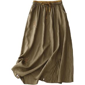 Floral Embroidery Midi Skirt Womens Cotton Linen Boho Elastic Waist Skirts Casual Loose Fit Summer Beach Holiday Outfit in Saudi Arabia