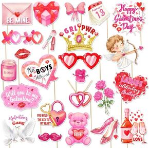24Pcs Galentine's Day Decorations Photo Booth Props Including Masks, Love, Glasses, Mustache, Snowman for Galentines Valentines Day Party Decortions Supplies Ideas Favors in Kuwait