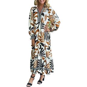 Women's Brown Floral Long Sleeve A-Line Dress for Daily Wear in Kuwait