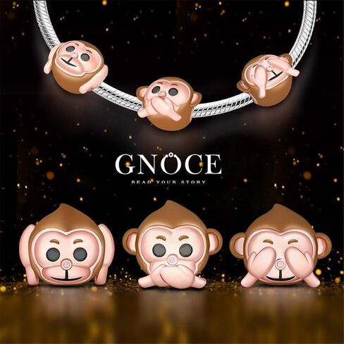 GNOCE "Hear No Evil No Listening Monkey Charm Champagne Plated Monkey with Two Black Stones Eyes and Pink Nose 925 Sterling Silver Monkey Bead Charm Pendant For Bracelet/Necklace Women Gift in Saudi Arabia