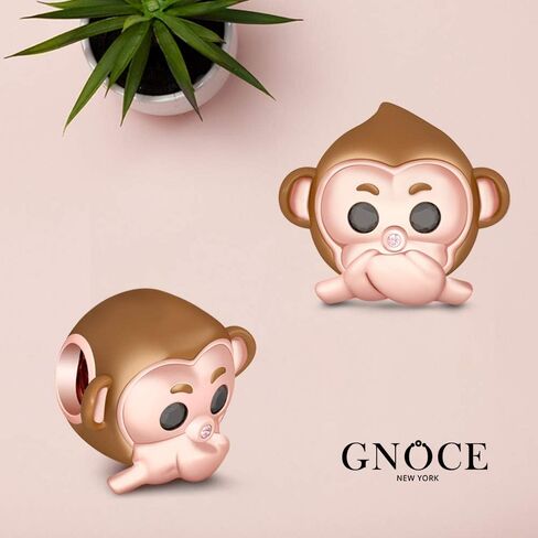 GNOCE "Speak No Evil No Speaking Monkey Charm Champagne Plated Monkey with Two Black Stones Eyes and Pink Nose 925 Sterling Silver Monkey Bead Charm Pendant For Bracelet/Necklace Women Gift in Saudi Arabia