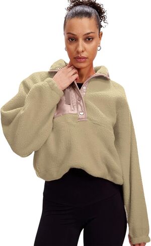 Aoang Womens Oversized Sherpa Jacket Fuzzy Fleece Teddy Coat with Pockets Colorblock S-XL in Saudi Arabia