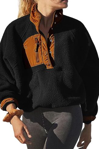 Aoang Womens Oversized Sherpa Jacket Fuzzy Fleece Teddy Coat with Pockets Colorblock S-XL in Saudi Arabia