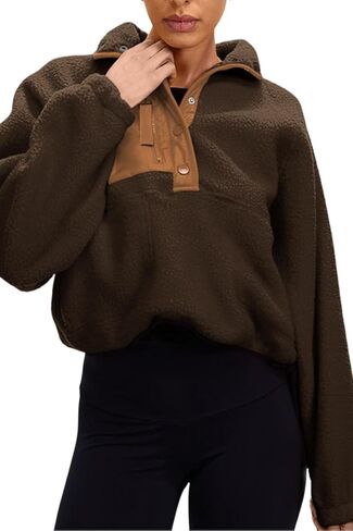 Aoang Womens Oversized Sherpa Jacket Fuzzy Fleece Teddy Coat with Pockets Colorblock S-XL in Saudi Arabia
