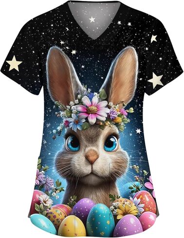 Easter Scrub Tops Women Cute Bunny Shirts Egg Print Nurse Tops Short Sleeve V Neck Working Uniforms Plus Size Shirts in Saudi Arabia
