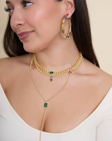 Jessica Simpson Gemstone Layered Necklace for Women 15-20"+3", Gold-Tone Layered Necklaces with Colored Gems in Saudi Arabia