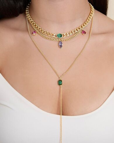Jessica Simpson Gemstone Layered Necklace for Women 15-20"+3", Gold-Tone Layered Necklaces with Colored Gems in Saudi Arabia