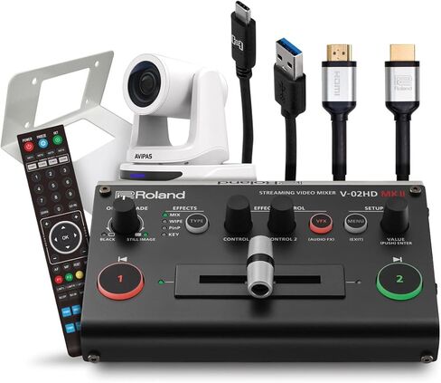 حزمة كاميرا واحدة Roland PTZ مع خلاط فيديو متدفق V-02HD MK II وكاميرا AViPAS AV-2020 20x PTZ، رمادي in Saudi Arabia