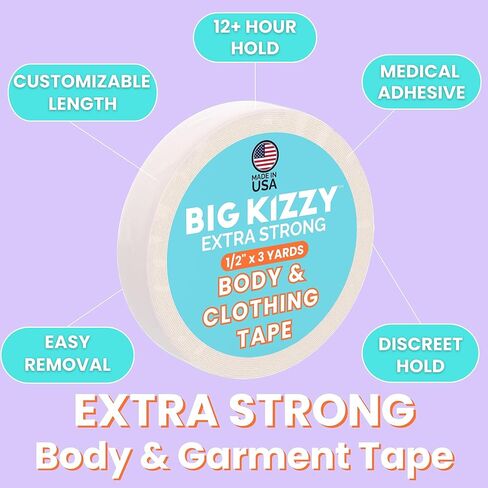 بكرة شريط بيج كيزي قوية للغاية للجسم والملابس، شريط أنيق شفاف مزدوج الجوانب مضاد للحساسية للنساء - للملابس أو الفساتين أو الجلد أو القماش أو الحواشي (1/2 بوصة × 3 ياردة) in Kuwait