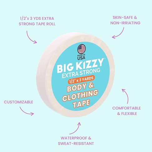 بكرة شريط بيج كيزي قوية للغاية للجسم والملابس، شريط أنيق شفاف مزدوج الجوانب مضاد للحساسية للنساء - للملابس أو الفساتين أو الجلد أو القماش أو الحواشي (1/2 بوصة × 3 ياردة) in Kuwait