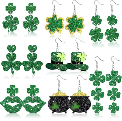 8 Pairs St Patrick's Day Earrings for Women Gifts Acrylic Stud Irish Shamrock Dangle Earrings Green Hat Gold Pot Four Leaf Clover Eardrop for Festival St Patty's Jewelry in Saudi Arabia