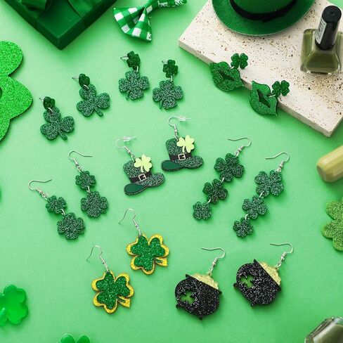8 Pairs St Patrick's Day Earrings for Women Gifts Acrylic Stud Irish Shamrock Dangle Earrings Green Hat Gold Pot Four Leaf Clover Eardrop for Festival St Patty's Jewelry in Saudi Arabia