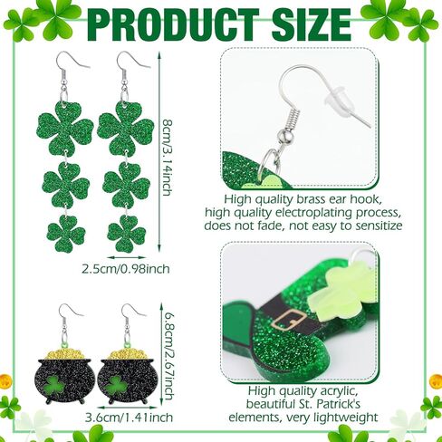 8 Pairs St Patrick's Day Earrings for Women Gifts Acrylic Stud Irish Shamrock Dangle Earrings Green Hat Gold Pot Four Leaf Clover Eardrop for Festival St Patty's Jewelry in Saudi Arabia