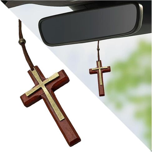 Cross Car Hanging Ornament, Wooden Christian Vehicle Rear View Mirror Pendant, Religion Wood Automotive Rearview Hanger Charm Decoration, Universal for Truck Van SUV (Brown) in Saudi Arabia